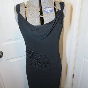 Adrianna Papell Black Chiffon Gown Floral Applique Beads EUC Whimsigoth Cowl